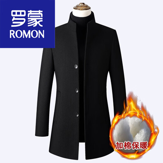 ROMON autumn and winter windbreaker men's woolen woolen coat men's medium-length British woolen coat Korean version slim fit stand-up collar trendy black/stand-up collar plus cotton plus. Thickness 9002 L /175 recommended 135Jin Jin equals within 0.5 kg