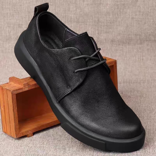 New men's shoes genuine leather thick sole soft sole soft leather comfortable casual shoes round toe lace up men's business casual leather shoes black lace up 40 (250mm)