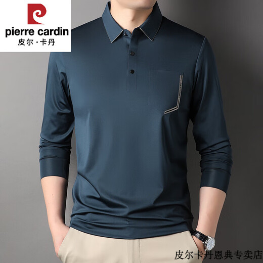 皮尔卡丹夏季桑蚕丝无痕t恤男士长袖翻领polo.衫凉感有口袋兜中年体恤爸爸 灰色-7036 3XL 185 建议165-180斤拍