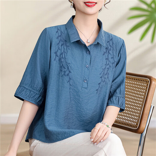 皮尔卡丹(pierre cardin）时尚妈妈夏季套装新款衬衫翻领T恤中老年女夏装洋气国风衬衣上衣 7037驼色 XL建议90-110斤