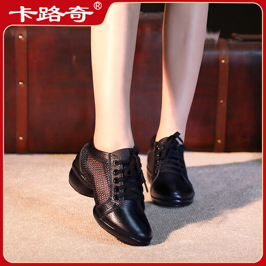 Carluci Dance Schuhe echtes Leder 2024 Herbst neuer Stil Danz Frauenschuhe Mesh Middle Heels vier Jahreszeiten Erwachsene Sailor Square Dance Schuhe Schwarzes Mesh 38