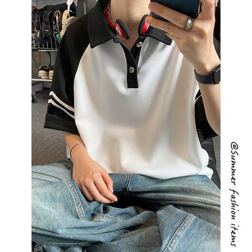 POUM短袖男夏季日系撞色T恤ins潮牌高街宽松插肩袖拼色翻领polo衫 HN-T3527灰身黑袖 M (建议90-115斤)