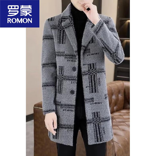 ROMON new winter woolen coat men's mid-length plus velvet warm windbreaker casual men's woolen coat light gray 3XL