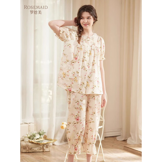 Rosemei Rosemei Spring and Summer New 100% Cotton Print Lace Lace Lace Lace Short Sleeve Cropped Pants Set 13067 Yellow 160(M)