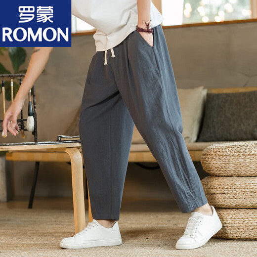 罗蒙（ROMON）亚麻九分裤男夏季薄款休闲裤中国风棉麻裤子直筒宽松锥形裤9分裤 浅灰色+深灰色 2XL 136-150斤