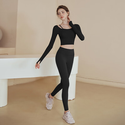 Yoga girl yoga clothing women's suit new long-sleeved sports top professional running training Pilates fitness clothing purple top + gray purple trousers M (95-110Jin Jin equals 0.5 kg)