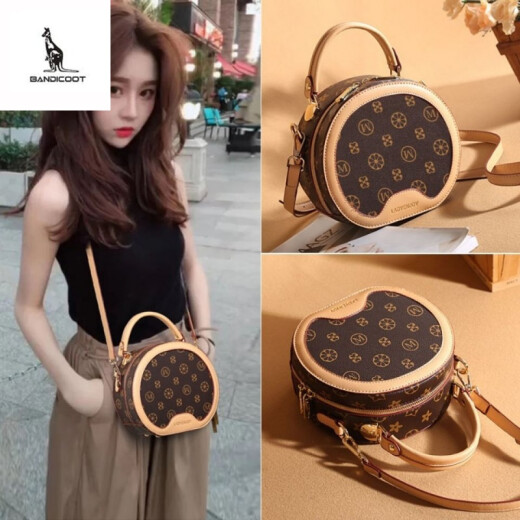 袋鼠轻奢品牌圆形真皮质感包包女新款小圆包百搭手提单肩女士斜挎包 七彩咖啡