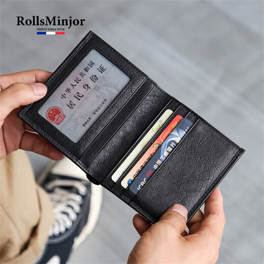 Rollsminjor Britische leichte Luxusmarke Echtes Leder Dünne Herren kleine Brieftasche Top-Schicht Cowhide Multi-Card Short Wallet Gift Box Schwarz 9,5*1*10,5 cm