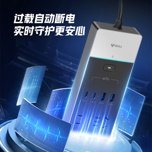 Bull (BULL) 67WPD Apple gallium nitride fast charging competitive socket/lightning protection and anti-surge power strip 3C certification suitable for iPhone17 master control switch 2C2A+6 positions total length 1.8 meters