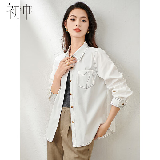 Chu Shen Primavera y otoño Camisa de manga larga Mujer Contraste Color Topstitch Diseño Nicho Casual Desplazamientos Camisa blanca Top S143C2019