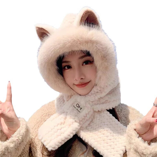 Beautiful pose fox ear hat for women in winter 2023 new cute girls plush bike scarf integrated internet celebrity hat Jinjira-gray