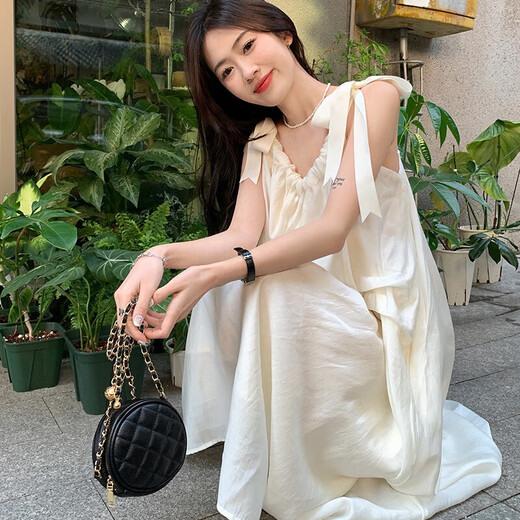 Qiaoyi Langes Kleid für Frauen, Hosenträger, Strand, Strand, sanfte und reine und fotografische Sommer-Neuerung, losen Rock, Urlaubsspanner, Kleid [Aprikosenfarbe] M (Empfohlene 100-112 Jin [Jin entspricht 0,5 kg]))