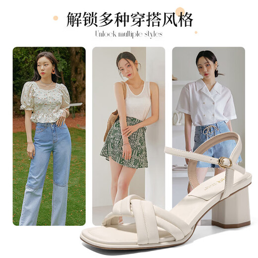 ZHR凉鞋女夏季优雅一字带粗跟女鞋温柔纯色高跟鞋子女 Y683 米色 37 