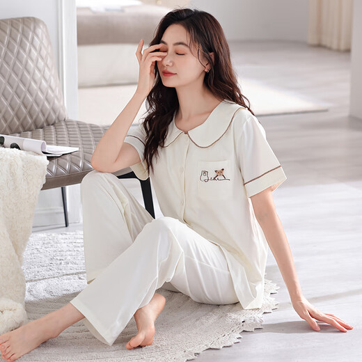 clolv kiss pajamas with chest pad for women for summer pure cotton thin cardigan short-sleeved trousers soft and comfortable suit home clothes can be worn outside 694 meters white (with chest pad) 2XL [170-175cm/140-165Jin[Jin equals 0.5 kg]]