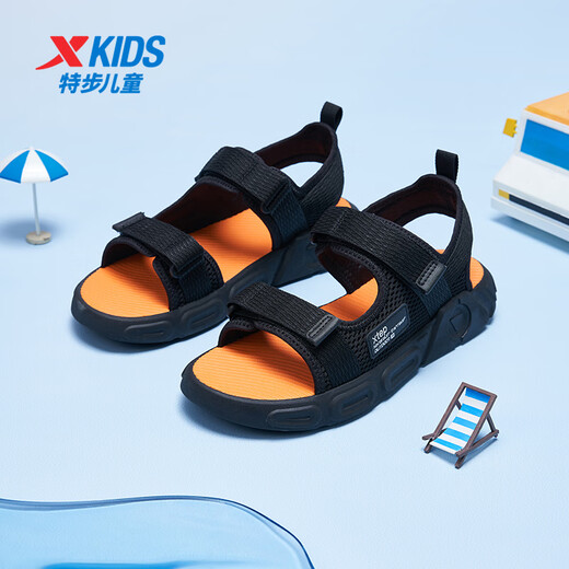 XTEP children's shoes, children's sports sandals, breathable and comfortable open-toe sandals, non-slip beach shoes, small, medium and large children's summer sandals, black 27
