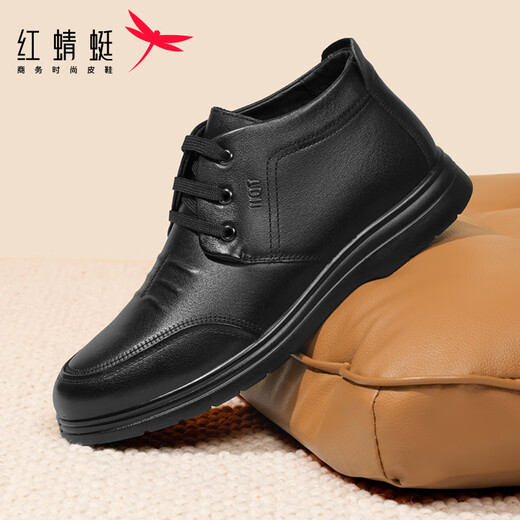 Red Dragonfly Men's Shoes Winter Warm Casual Business Cotton Shoes Men's Comfortable Velvet Casual Leather Shoes Dad Shoes WTA43333AG Black 42