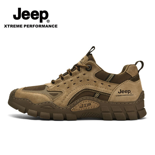 Jeep zapatos casuales para hombres en otoño Nuevo estilo transpirable sin deslizamiento de zapatos de trabajo resistentes al aire libre Sports al aire libre zapatos de senderismo para hombres khaki [tamaño de zapato de cuero estándar] 42