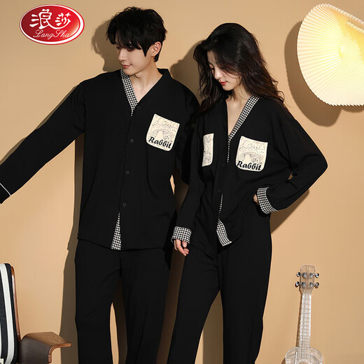 LangSha couple pajamas for women spring pure cotton long-sleeved with chest pads that can be worn outside home clothes men's cotton casual cardigan set 8060 M women + 2XL men