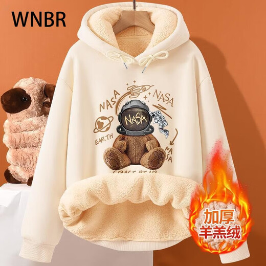 WNBR羊羔绒卫衣女2024秋冬新款韩版百搭卡通印花加绒加厚宽松连帽上衣 W681酒红色(希望之光) M建议[80-95斤]