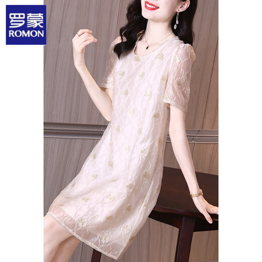 
Romon short-sleeved T-shirt dress summer new women's clothing Organya acetate satin pleated texture touching silk jacquard embroidery apricot color M Recommended 90-105 Jin [Jin equals 0.5 kg]
