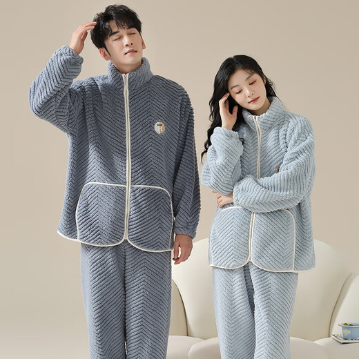 
Delia couple pajamas for women in autumn and winter coral velvet thickened cardigan loose flannel pajamas pants men's home clothing suit M9871 M women