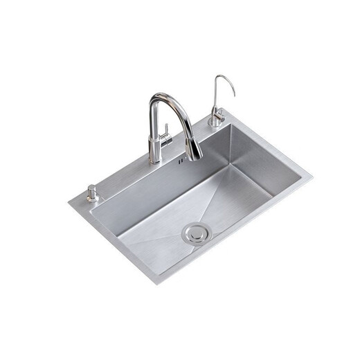 Jiumuwang 304 stainless steel sink single-slot thickened brushed kitchen sink basin installation above and below the table brushed three-hole 75*41 (304 pull-out faucet)