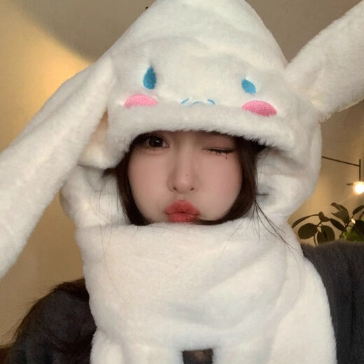 溪谷幽幽玉桂狗耳朵会动帽子女秋冬围巾手套一体保暖三件套可爱毛绒护耳帽 白色三件套一体【耳朵按会动】