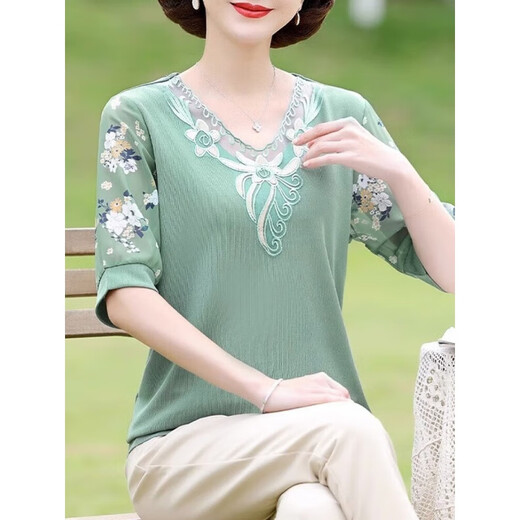 Yu Zhaolin (Yuzhaolin) ropa de mujer de mediana edad y anciana, camiseta de manga corta de madres de verano, tapa de seda de hielo de hielo 2025 nuevo estilo clásico fqlh698 azul + calzoncillos de caqui) 4xl (130-140Jin [Jin equivale a 0.5 kg])