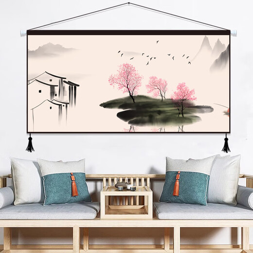 New Chinese style Zen ink landscape fabric hanging painting living room sofa background hanging cloth bedroom decoration painting restaurant tapestry 01_Zen ink painting 80cm*40cm cotton and linen 2 tassels+