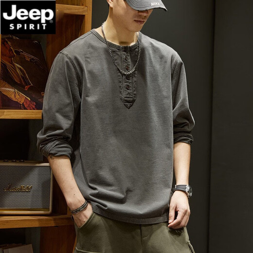 JEEP SPIRIT American retro round neck long-sleeved T-shirt men's spring and autumn heavyweight cotton sweatshirt loose trendy brand Henry collar bottoming shirt Mocha brown 2XL suitable for 160-180Jin Jin equals 0.5 kg