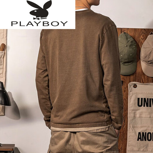 Playboy (PLAYBOY) tough guy T-shirt for young and middle-aged men, autumn and winter retro henley shirt, washed and distressed long-sleeved solid color coffee bottoming shirt, coffee, light M, reference 110~137Jin Jin is equal to 0.5 kg