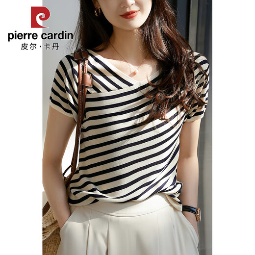 Pier Cardin Camiseta de manga corta a rayas francesas para mujeres en el verano 2025 Nuevo suéter en V deglido delgada suelta Top DX829# Color rayado M Recomendado 100-115Jin [Jin iguala 0.5 kg]