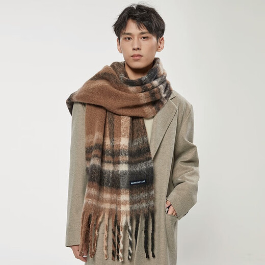 Warrior scarf men's autumn and winter warm and windproof and cold-proof thickened student plaid shawl Korean style lazy style versatile scarf apricot