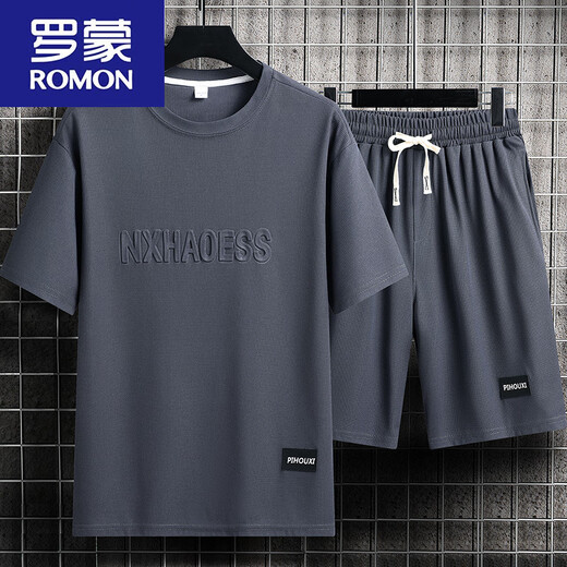 罗蒙（ROMON）男士夏季套装青少年短袖t恤薄款冰丝两件套休闲运动服五分短裤子 单件上衣-829军绿 XL 建议130-145斤