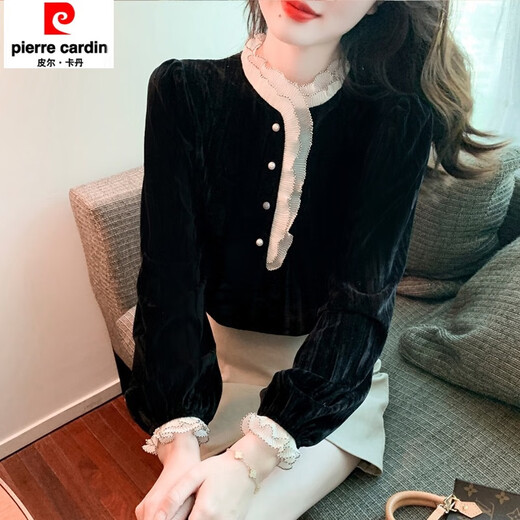Pierre Cardin Autumn and Winter Thickened Gold Velvet Top Women's New Fashion Stand-up Collar Lace Shirt Bottoming Black Shirt Black 5XL 170-185Jin Jin is equal to 0.5 kg