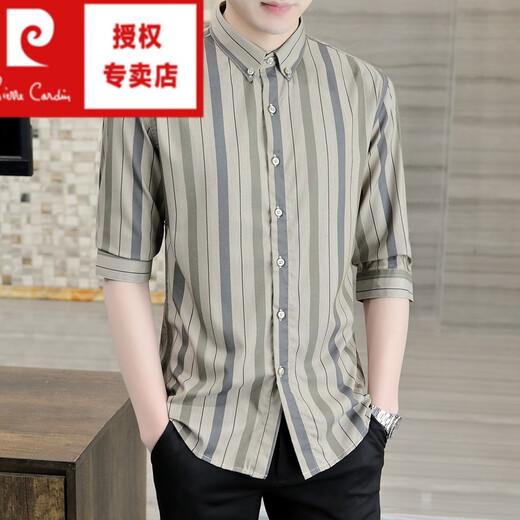 皮尔卡丹（pierre cardin）七分袖衬衫男休闲修身夏季薄半袖条纹衬衣潮流帅气中袖寸上衣 DC679白色 L 【建议110-120斤】