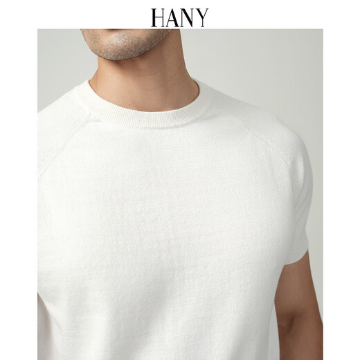 汉尼（HANY）【重磅棉t恤插肩袖】男短袖商务男士圆领白色休闲高级针织衫夏季 巴伦西光学白 【插肩袖】 M 【建议130斤以内】