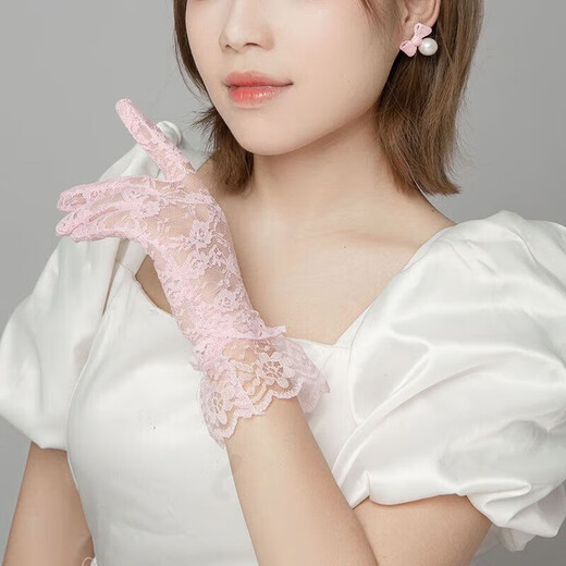 山头林村新娘手套短款结婚婚纱蕾丝韩式婚礼红色珍珠秀禾服薄款婚纱开车秋 O53-Q-红色 均码