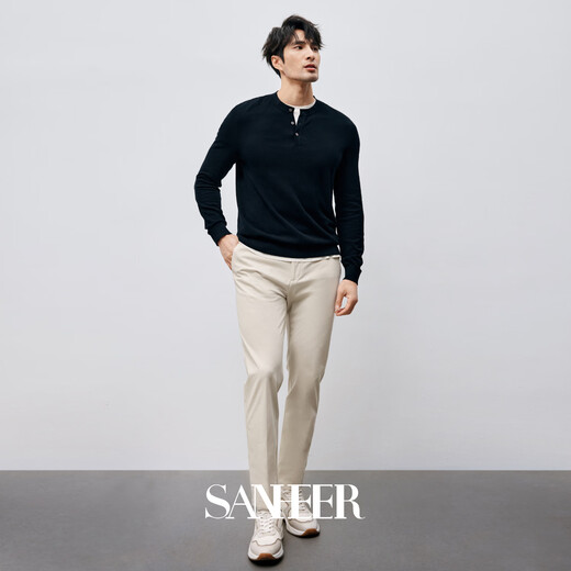 Sanheer Elegant Gentleman, hoch genähte langlange Baumwollperlenboden Textur, Frühling Vielseitiger Herren-Henry-Kragen-Pullover DAZ694 Gray-Blue L /50