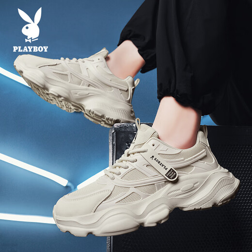花花公子（PLAYBOY）老爹鞋男鞋2025夏季鞋子男士休闲鞋厚底透气运动鞋 米色 42