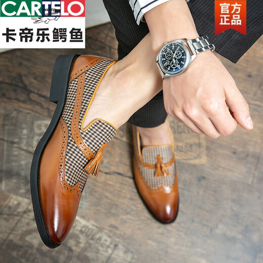 Cartelo Retro Britische Trendy Herrengeschäft Casual Leder Schuhe Quasten ein Fuß faule Bohnenschlepper Brown 9196 Schwarz 38 Standard Lederschuhe Größe