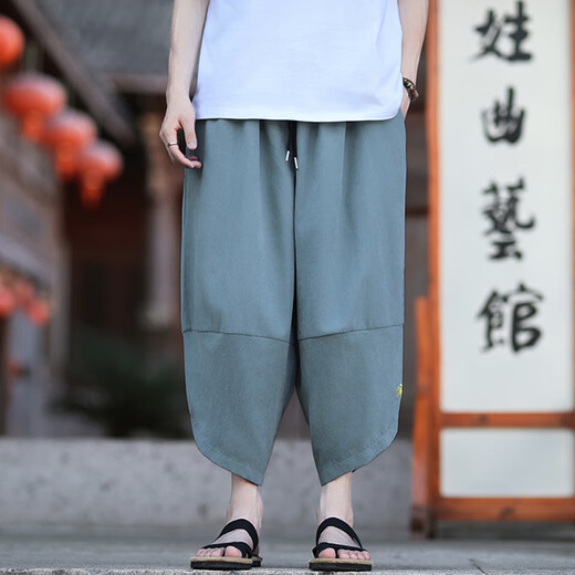 管先生个性民族风刺绣哈伦裤男士加肥加大码胖子宽松休闲飞鼠裤吊裆垮裤 K1047蓝灰色 M