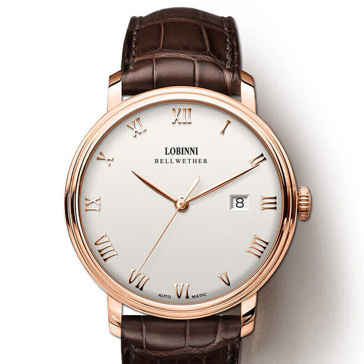 
LOBINNI men's watch, men's mechanical watch, fully automatic multi-function waterproof, high-end brand men's watch birthday gift for boyfriend 12033-Rose shell white-faced brown belt, leather strap free engraving
