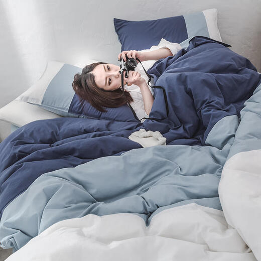 60支长绒棉床上纯棉纯色水洗棉床单全棉学生宿舍床笠 大江兰(三拼色) *1.35米床单款四件套(被套180*22