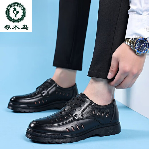 Spechtsandalen für Männer Sommer Neues echtes Leder atmungsaktives lässig Lederschuhe für Herren Hollow Hole Schuhe Weiche Sohle Vaters Schuhe 6627 Black Hollow 39