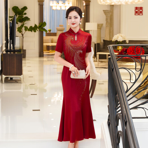 Fumini high-end mother-in-law wedding evening dress dignified and high-end mother-in-law mother-in-law 2026 new dress burgundy L