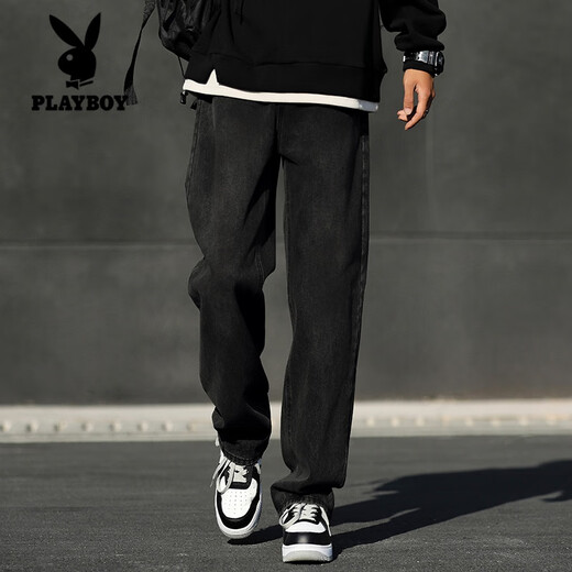 Playboy (PLAYBOY) Smoke Gray Jeans Men's Autumn 2025 Autumn and Winter New American Loose Straight Casual Long Pants Retro Trendy Brand ME Black