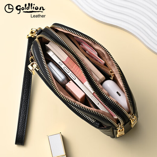 Goldlion Women's Bag Genuine Leather 2025 Summer New Fashion Clutch Zipper Large Capacity Coin Purse Mobile Phone Bag Women's Wallet Black