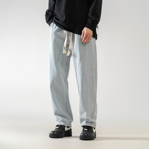 Dingfengbaoluo washed retro jeans men's autumn loose and versatile straight casual long pants men 808 light blue L