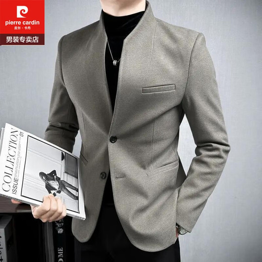 Pierre Cardin improved tunic men's suit spring and autumn new casual woolen stand collar Chinese casual suit men's black 2XL